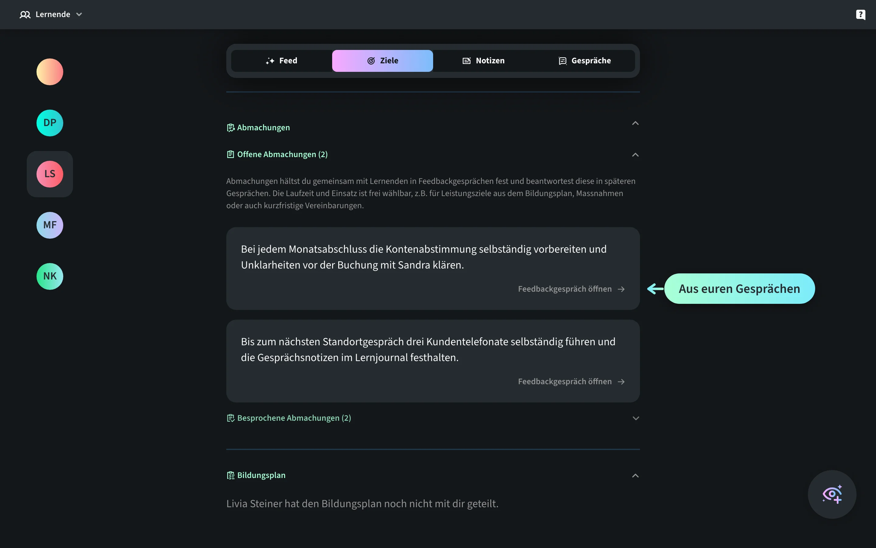 Ziele-Tab im Coaching-Bereich von Sandra Iten: Die Sektionen «Offene Abmachungen» und «Besprochene Abmachungen» mit zwei Vereinbarungen aus Feedbackgesprächen, jeweils mit Link zum Ursprungsgespräch.