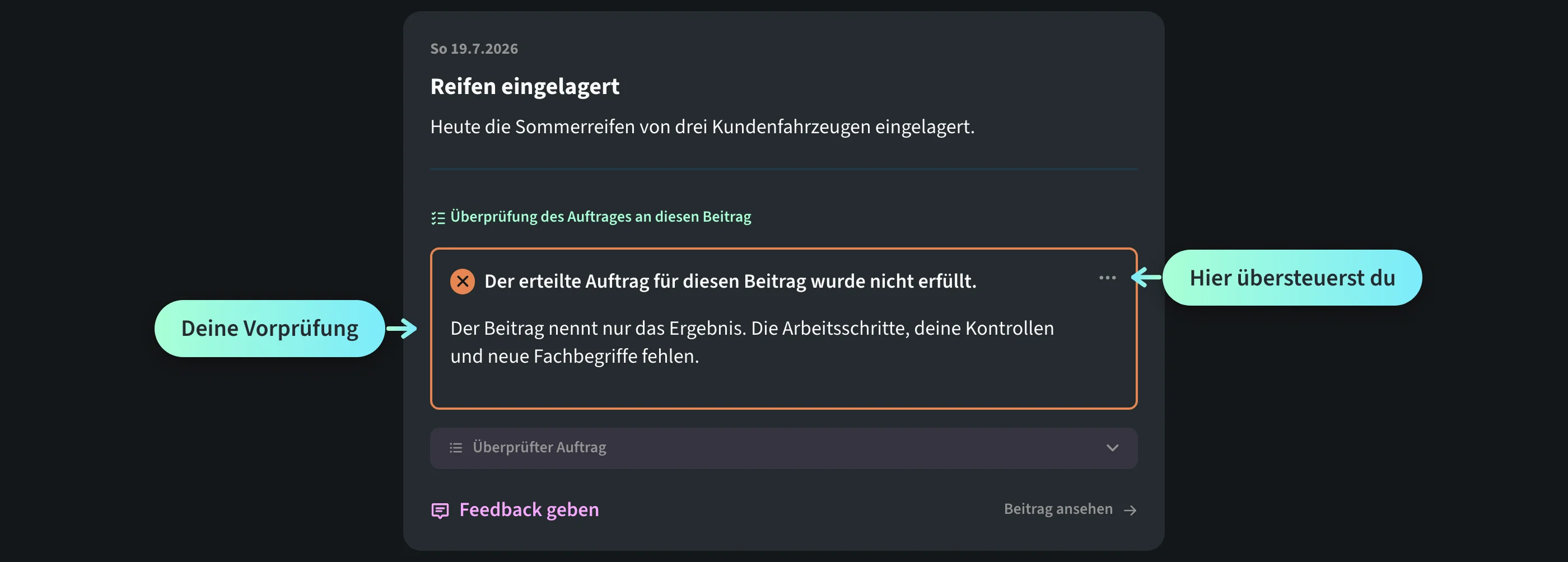Ein Beitrag von Luca Wenger im Wochen-Detail der Auswertung, zwei Elemente angeschrieben: Die begründete Einschätzung als deine Vorprüfung und das Drei-Punkte-Menü zum Übersteuern.