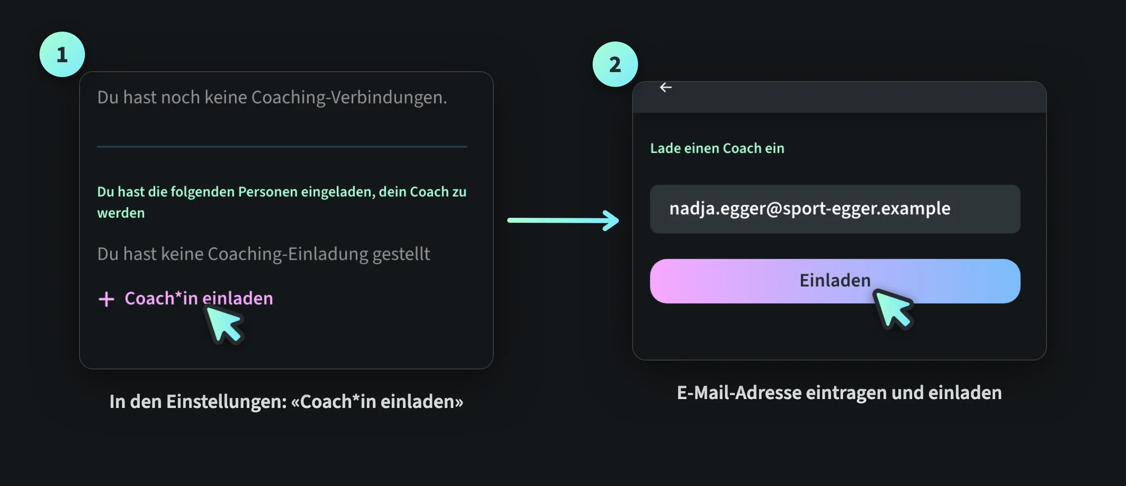 Bildfolge in zwei Schritten: Der Detailhandels-Lernende Dario Bianchi öffnet in den Einstellungen den Einstieg Coach*in einladen und trägt danach im Formular die E-Mail-Adresse seines Coaches ein, bevor er auf Einladen tippt.