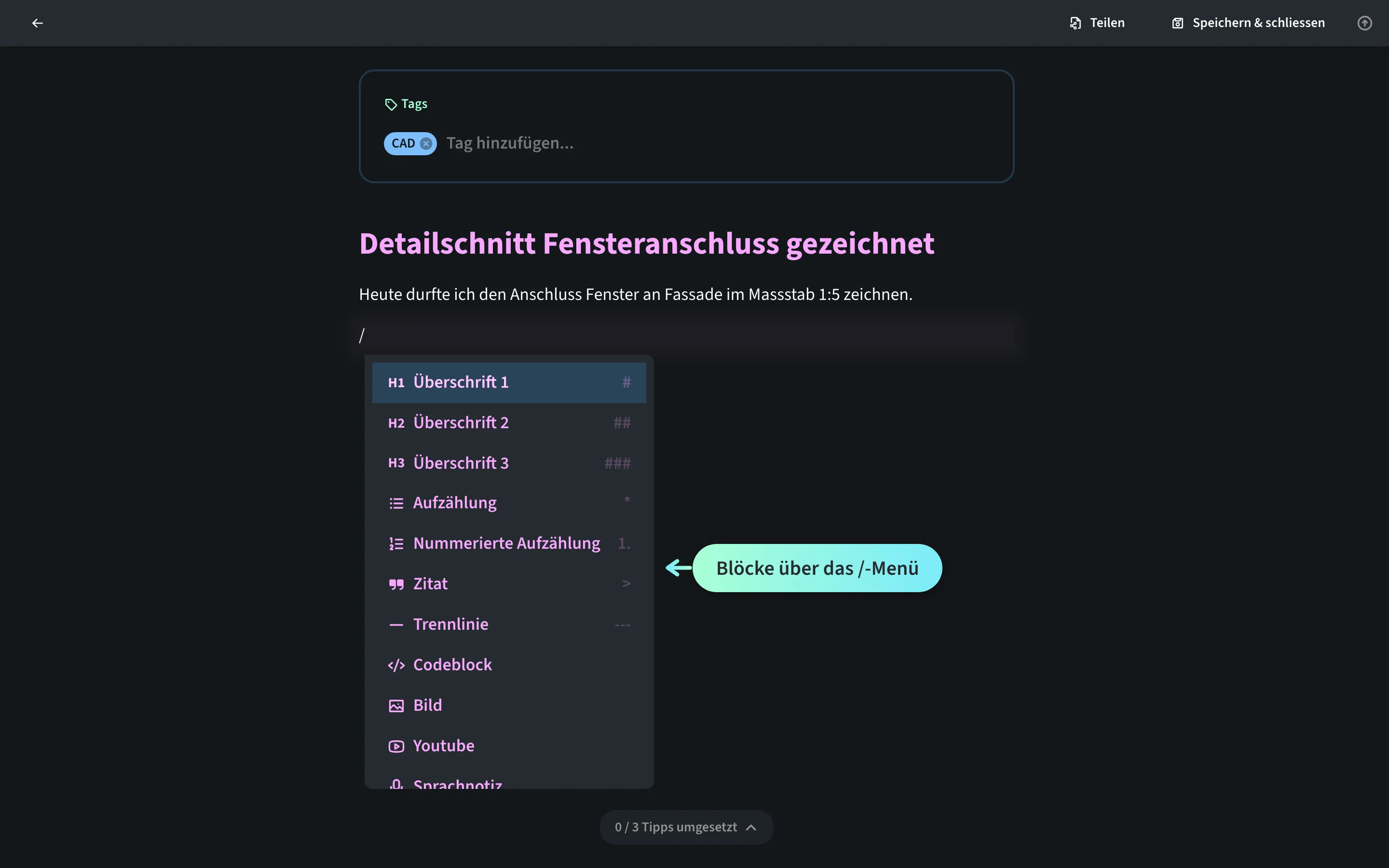 Geöffnetes Slash-Menü im Editor der Zeichner-Lernenden Mara Vogel mit den wählbaren Blöcken Überschrift 1 bis 3, Aufzählung, Nummerierte Aufzählung, Zitat, Trennlinie, Codeblock, Bild, Youtube und Sprachnotiz.