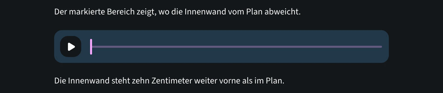 Sprachnotiz im Eintrag von Mara Vogel: Ein Audio-Player mit Abspiel-Button, darunter der transkribierte Text der Aufnahme.