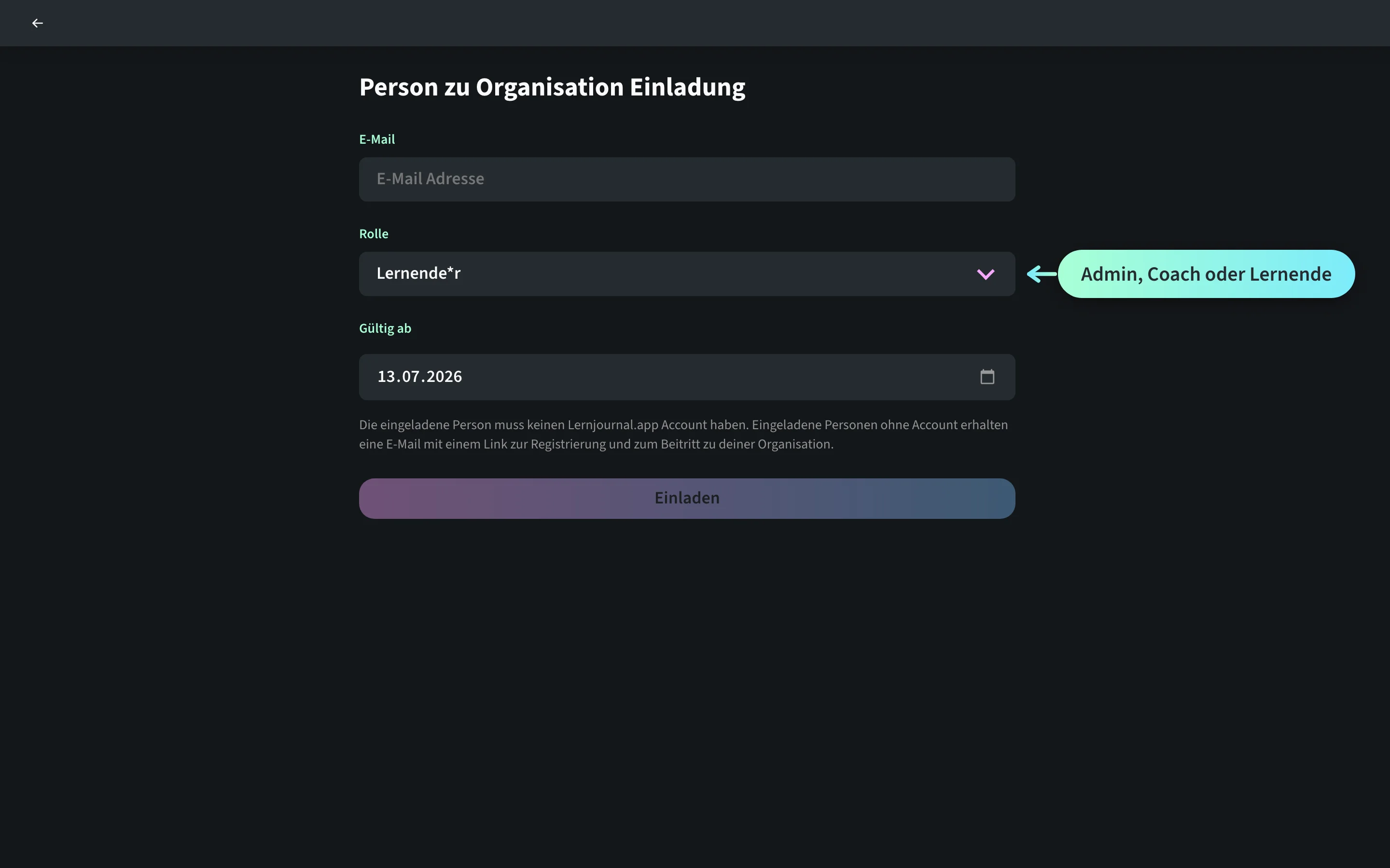 Einladeformular der Organisations-Verwaltung in der Lernjournal.app: Admin Sandra Iten lädt eine Person zur Lombris Treuhand AG ein, mit E-Mail-Feld, der Rollenauswahl «Lernende*r» und dem Button «Einladen».
