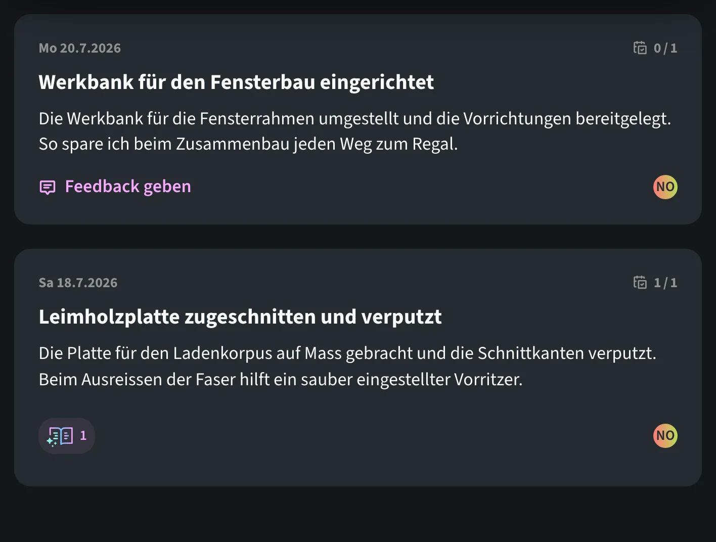 Zwei gelesene Beiträge von Nina Odermatt untereinander in der Coach-Ansicht: Die obere Karte zeigt unten den Button «Feedback geben», die untere Karte hat eine Quick Reaction erhalten und zeigt an derselben Stelle nur noch das Reaktions-Symbol mit Zähler.
