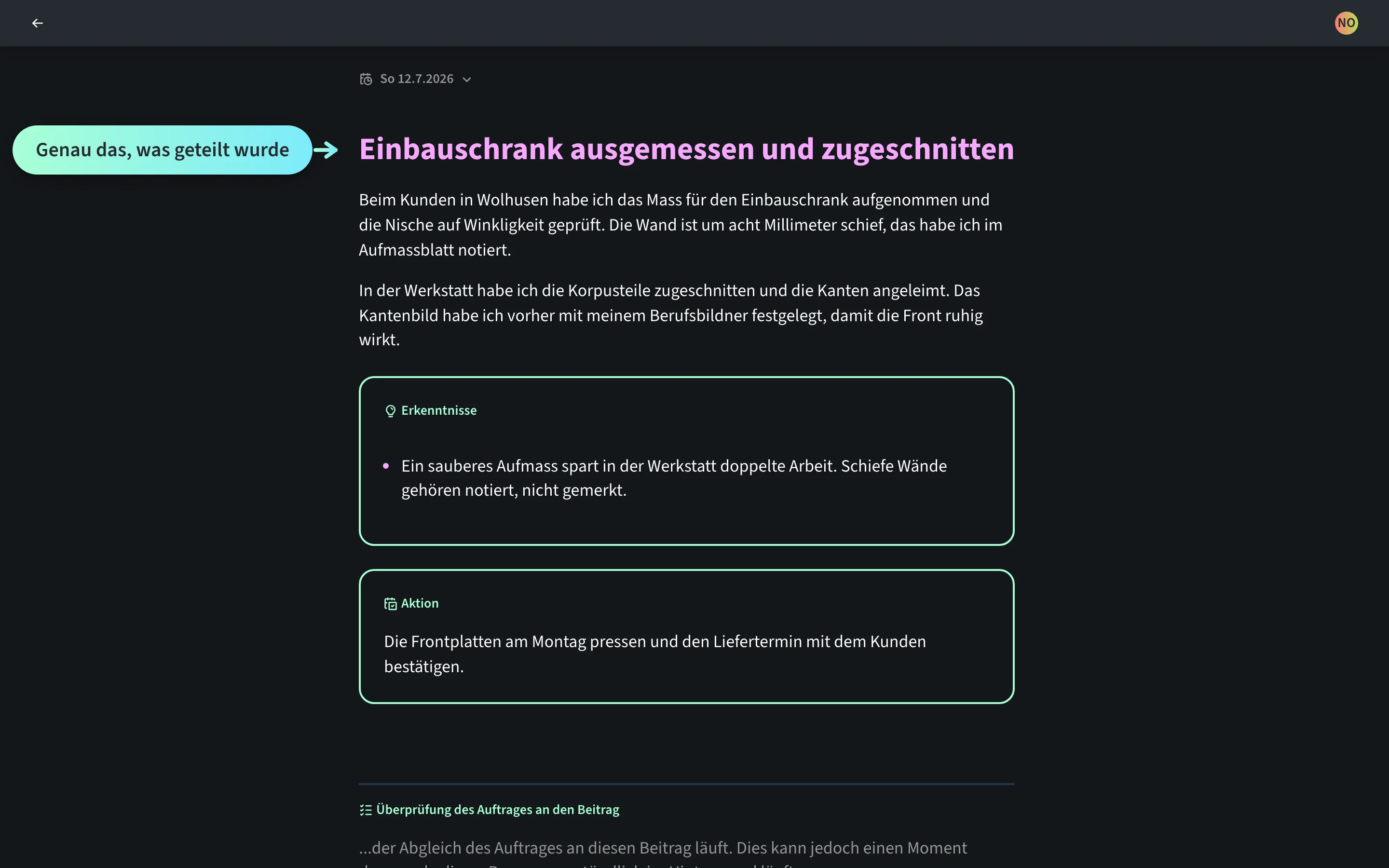 Geteilter Journal-Eintrag der Schreiner-Lernenden Nina Odermatt aus der Sicht ihres Berufsbildners Beat Fluri, mit dem Hinweis Genau das, was geteilt wurde.