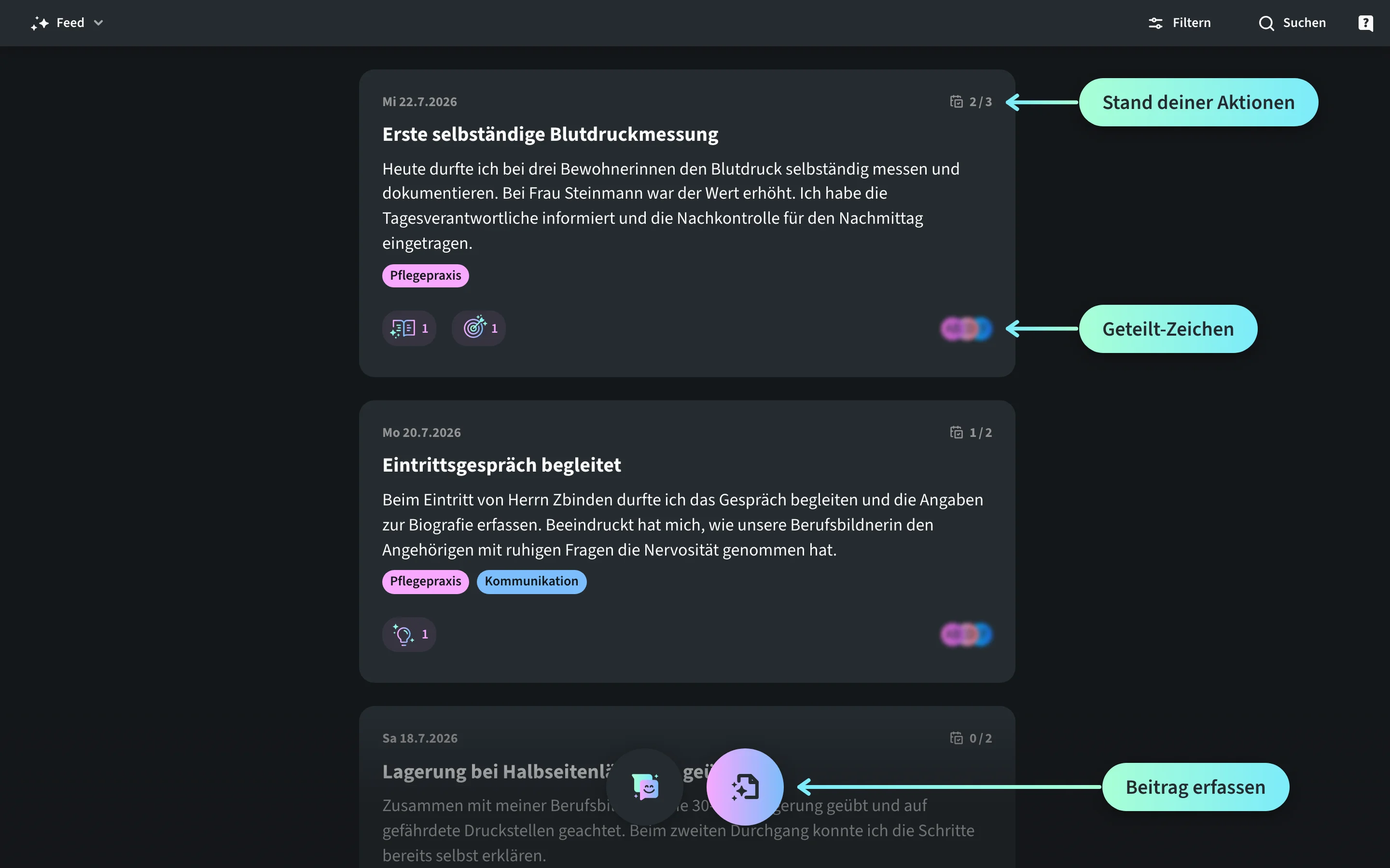 Feed der Lernjournal.app in der Desktop-Ansicht mit Beiträgen der Lernenden Amina Ferreira aus ihrem Alltag als Fachfrau Gesundheit: In der Kopfzeile stehen «Filtern» und «Suchen»; drei Labels beschriften den Aktions-Zähler «2 / 3» der obersten Karte als «Stand deiner Aktionen», die überlappenden Kreise unten rechts als «Geteilt-Zeichen» und den runden Button am unteren Bildrand als «Beitrag erfassen».