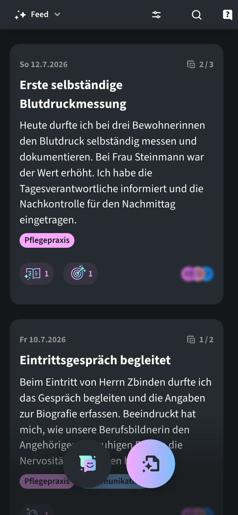 Feed der Lernjournal.app auf dem Smartphone: Journal-Einträge der Lernenden Amina Ferreira untereinander im Hochformat.
