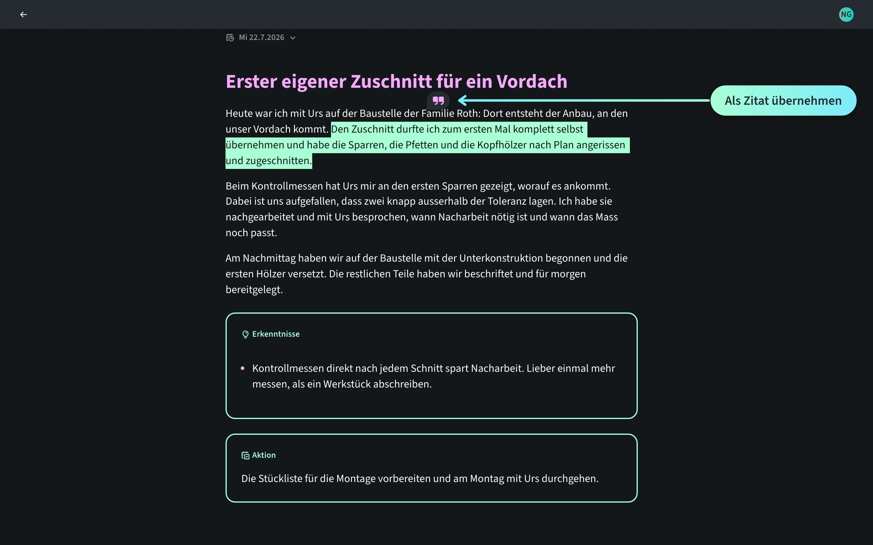 Noah Gerbers geteilter Eintrag in der Desktop-Ansicht: Der ganze Satz über den Zuschnitt ist markiert, darüber erscheint das Zitat-Symbol mit dem Hinweis Als Zitat übernehmen.