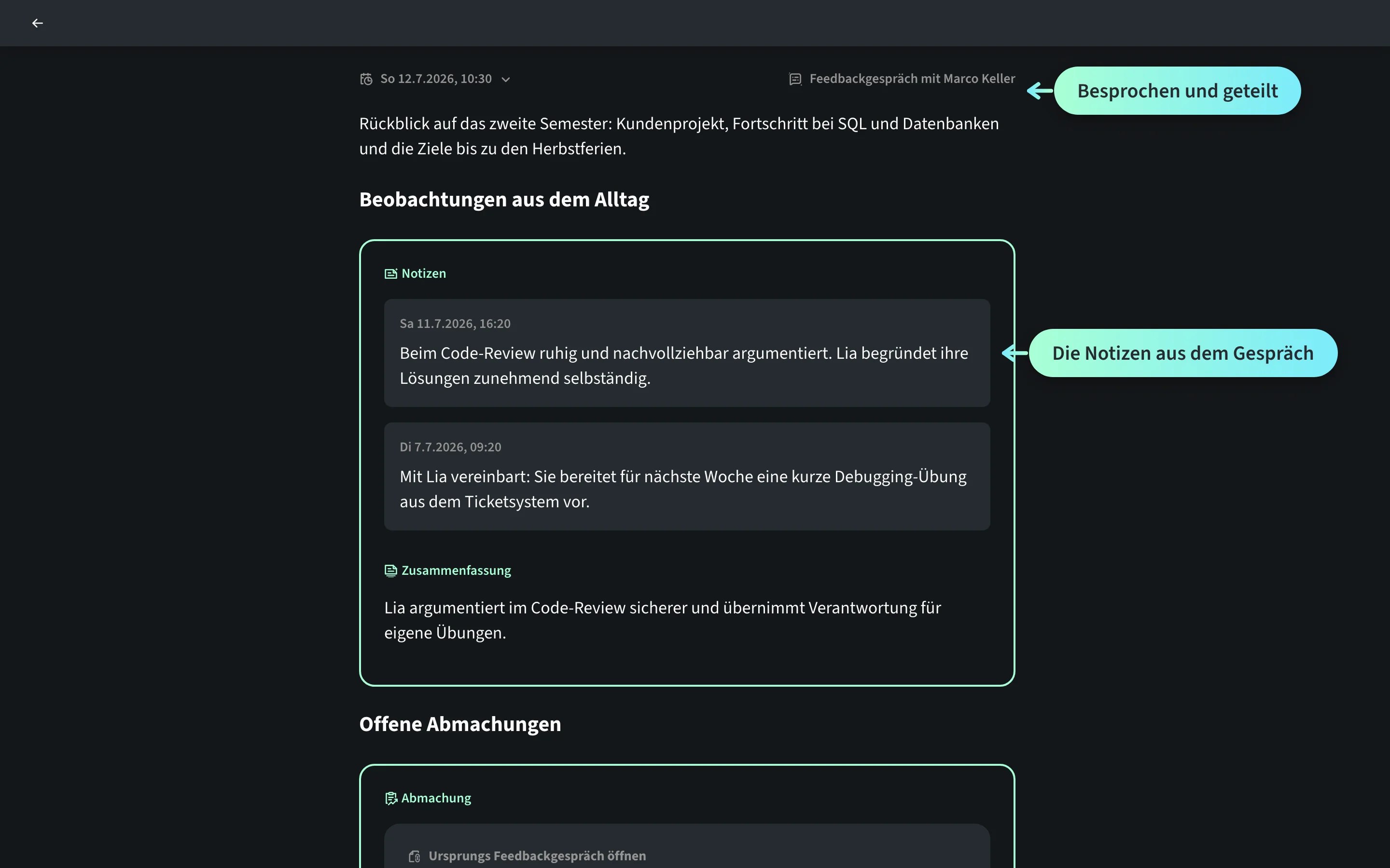 Besprochenes Feedbackgespräch in der Ansicht der Lernenden Lia Brunner: Kopfzeile mit Besprechungsdatum und dem Hinweis «Feedbackgespräch mit Marco Keller», darunter das Gesprächsdokument mit den verknüpften Notizen ihres Coaches.