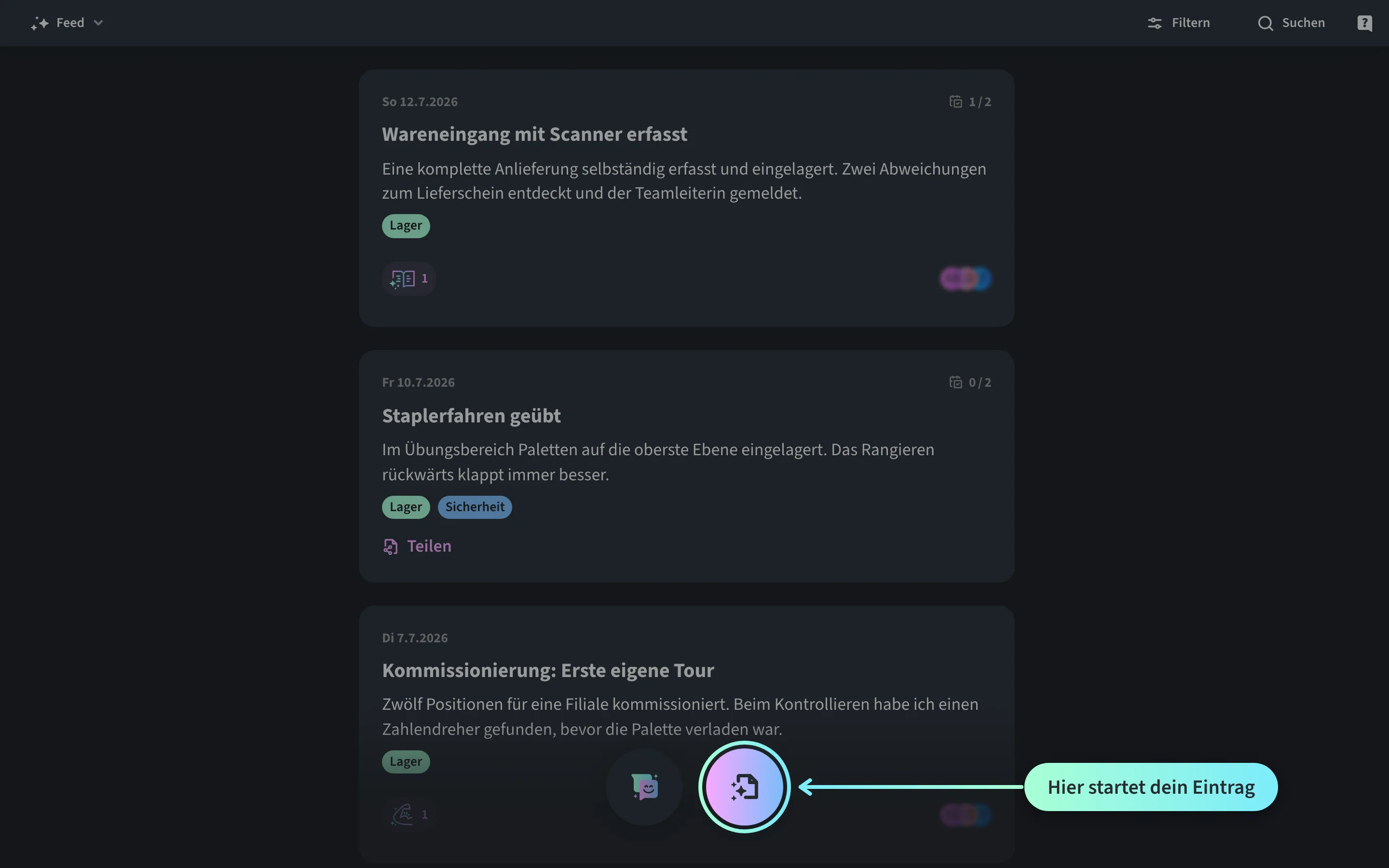 Feed der Lernjournal.app in der Desktop-Ansicht mit Journal-Einträgen des Logistik-Lernenden Elias Portmann: Der Button Beitrag erfassen unten im Feed ist mit einem Ring und dem Hinweis Hier startet dein Eintrag markiert.