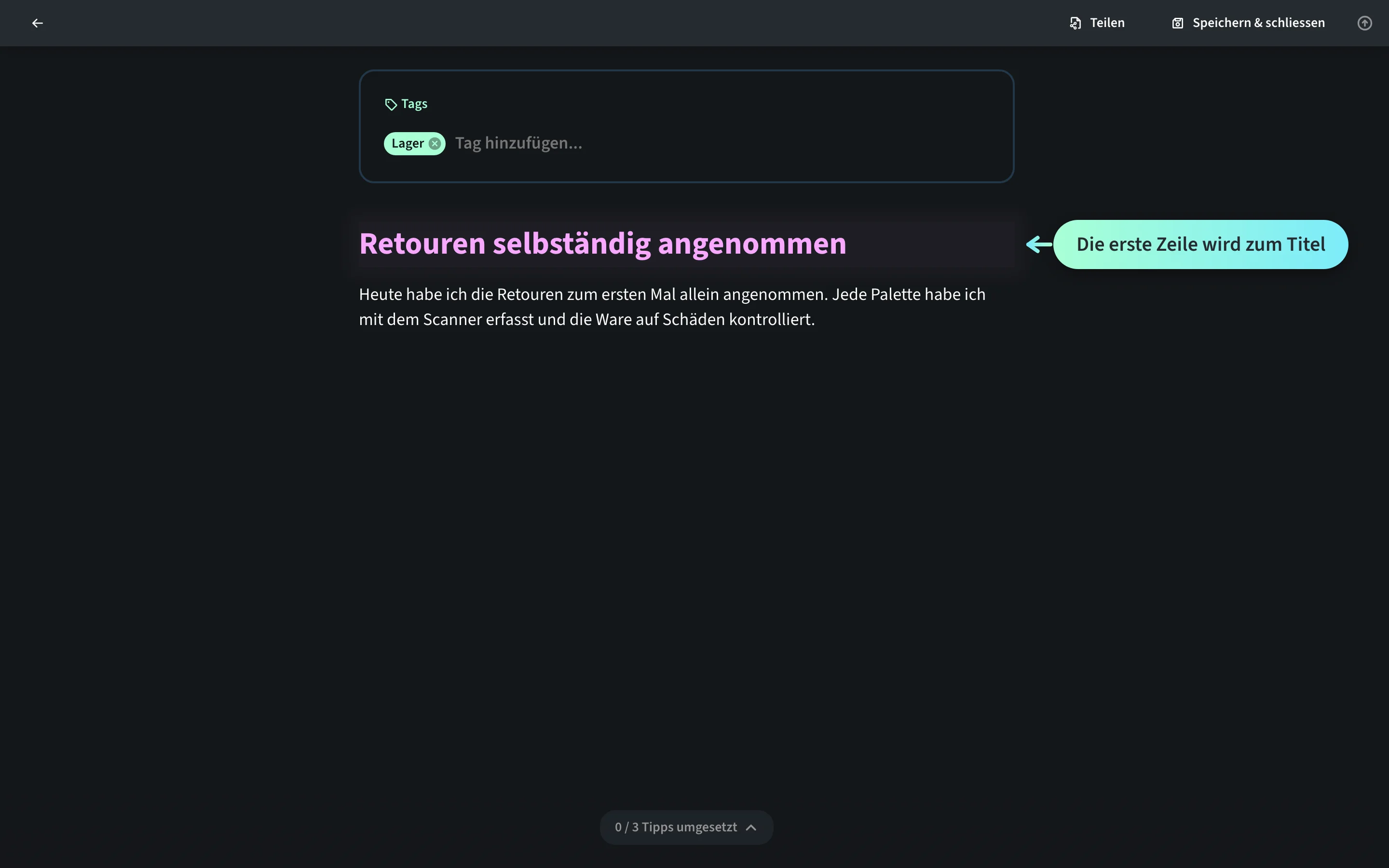 Editor der Lernjournal.app mit dem frischen Eintrag des Logistik-Lernenden Elias Portmann: Die erste Zeile «Retouren selbständig angenommen» ist mit dem Hinweis Die erste Zeile wird zum Titel markiert, darunter steht der erste Absatz.