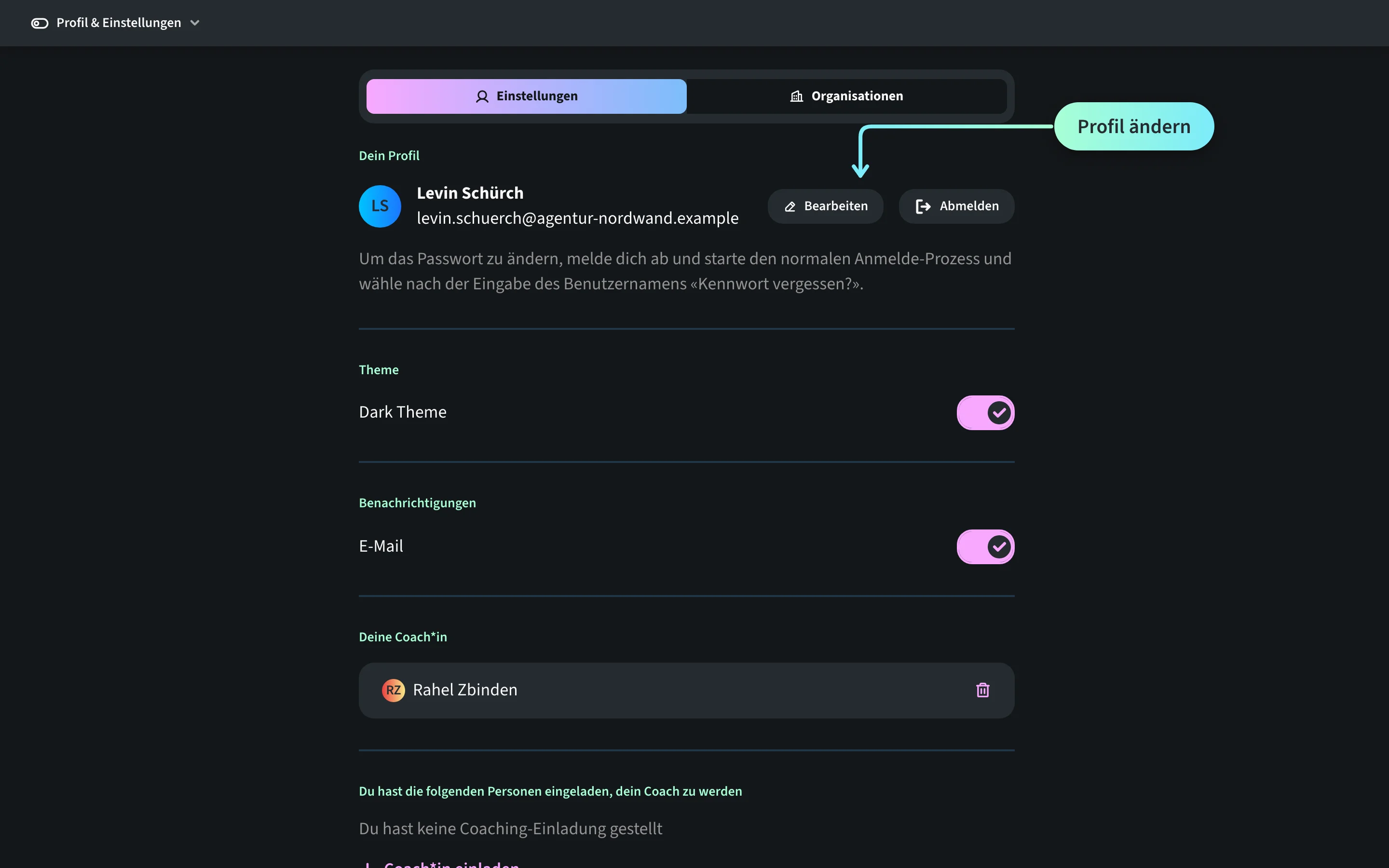 Einstellungen der Lernjournal.app mit dem Profil des Mediamatik-Lernenden Levin Schürch, ein Hinweis zeigt auf den Button «Bearbeiten» im Bereich «Dein Profil».