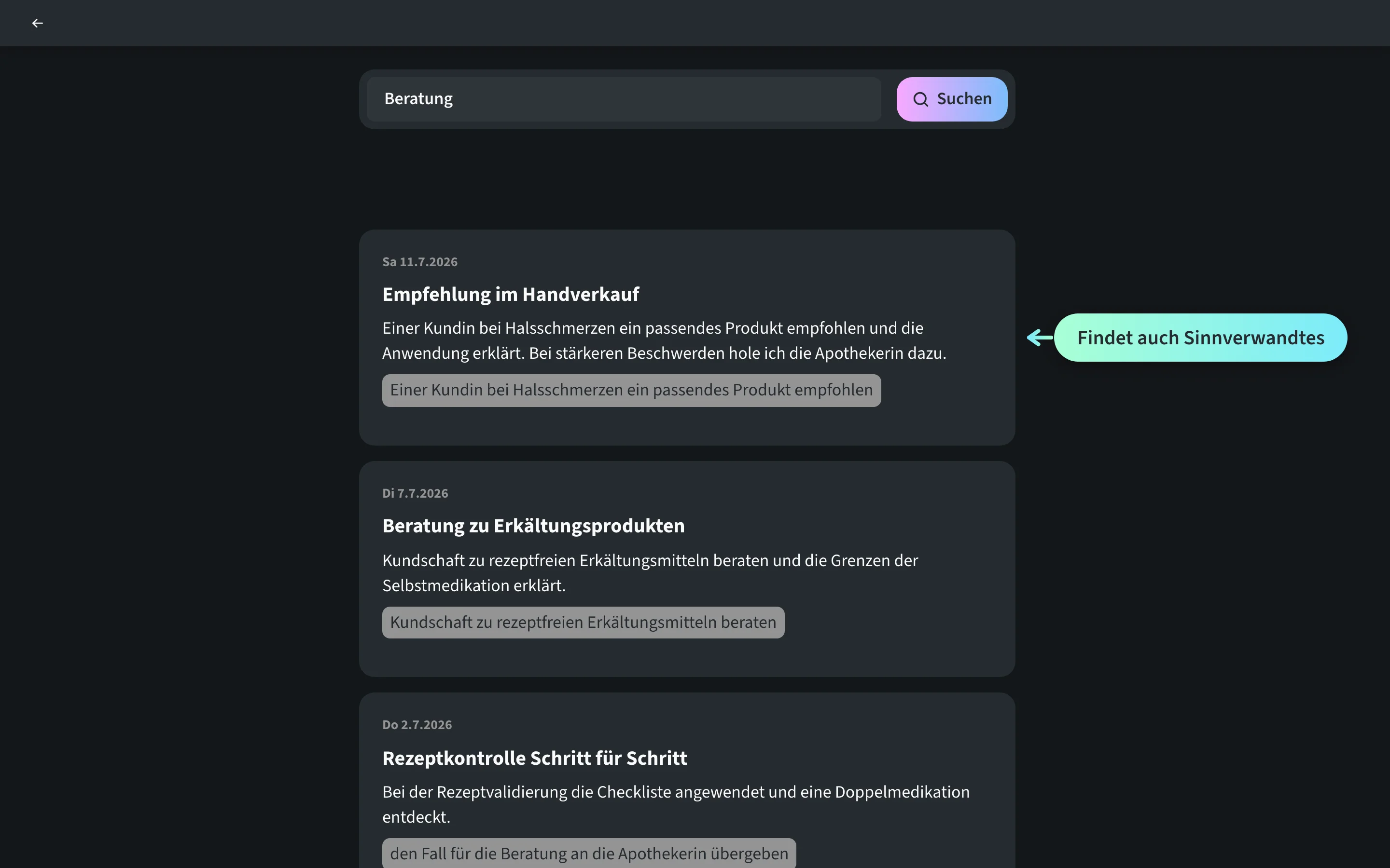 Suche der Lernjournal.app in der Desktop-Ansicht: Die Apotheken-Lernende Yara Haddad sucht nach Beratung und erhält Treffer aus ihrem Lehralltag, zuoberst einen sinnverwandten Eintrag ohne das Suchwort.
