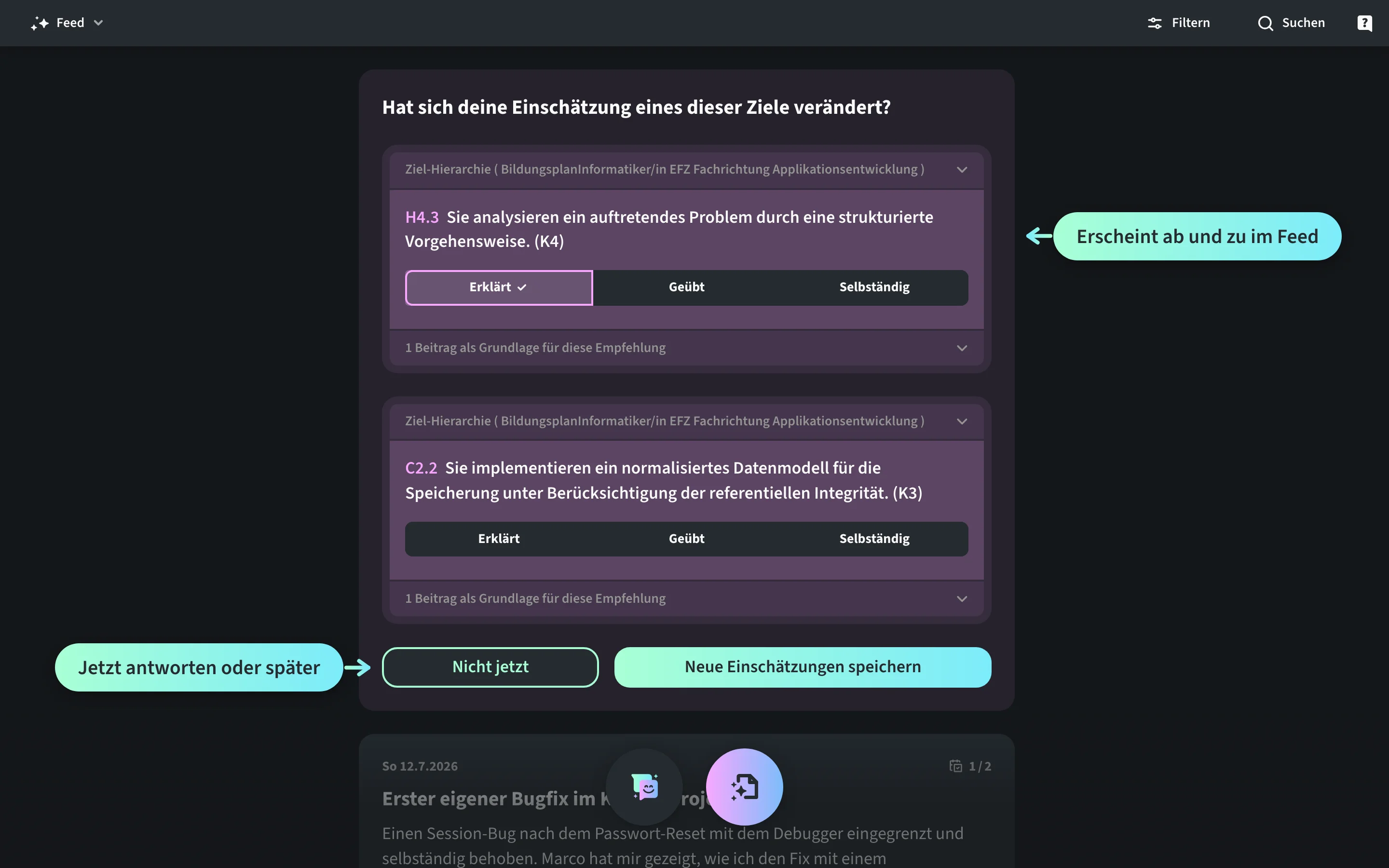Zielabgleich-Karte im Feed von Lia Brunner, Informatikerin, mit der Frage «Hat sich deine Einschätzung eines dieser Ziele verändert?», zwei Zielen aus ihrem Bildungsplan und der Stufenwahl Erklärt, Geübt, Selbständig.